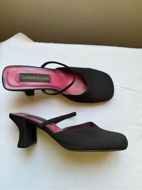 Y2K Unlisted Black Mule Heels featuring a sleek minimalist silhouette, Size 7.5